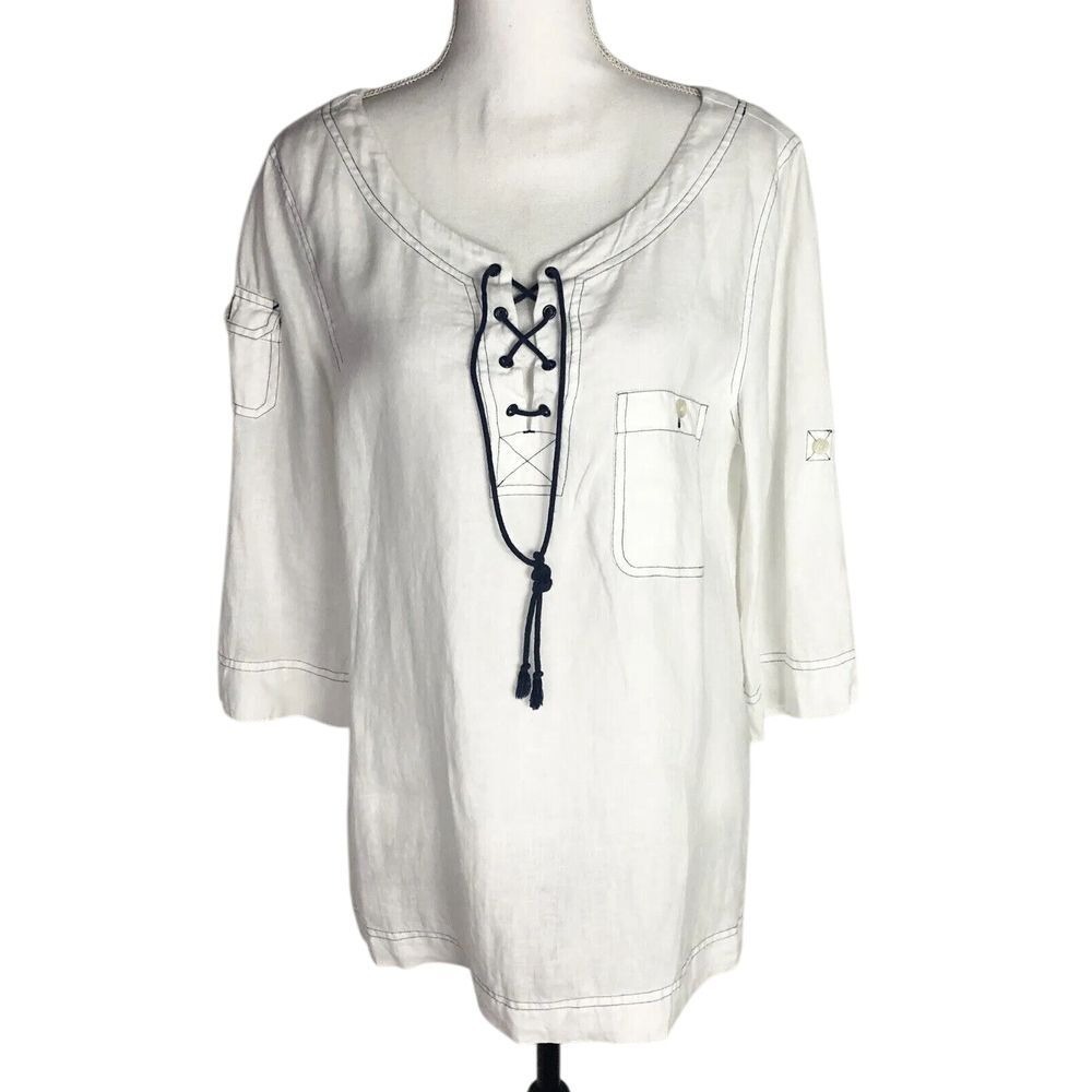 Lauren Jeans Company RL Shirt Women's Size L White Roll Tab Blouse Linen Blouse